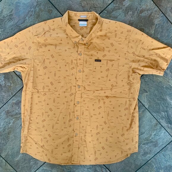 Columbia Button Down Shirt Men 2xL Regular Fit AOP Pattern Yellow Summer Outdoor - Picture 1 of 6